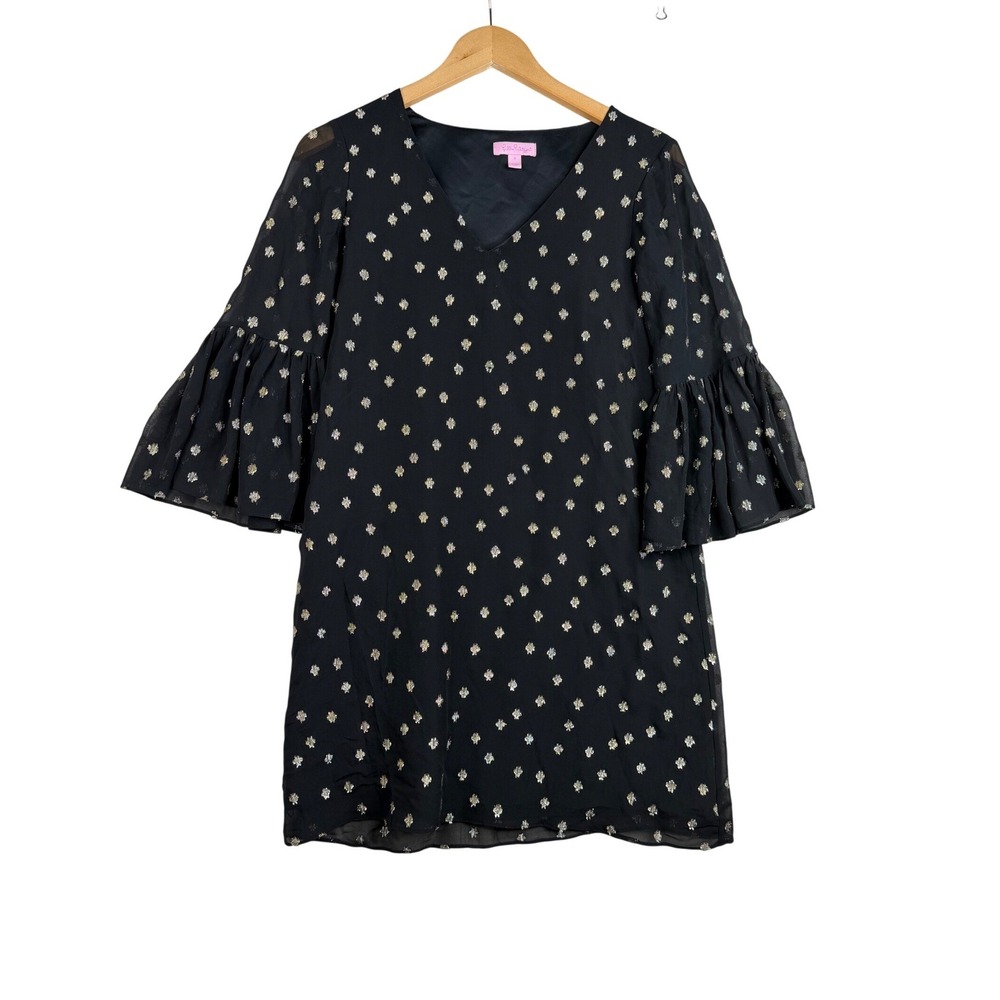 Lilly Pulitzer Onyx Starry Chiffon Silk Dress size 0 Black/Gold